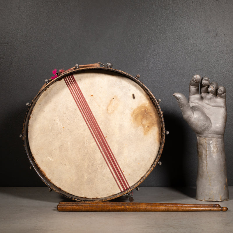 Vintage Calfskin Snare Drum and Drumsticks c.1920-1950