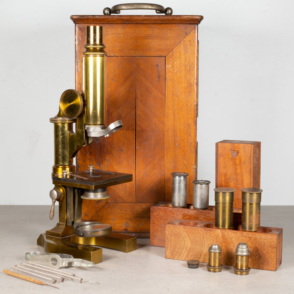 19th c. E. Leitz Wetzlar Solid Brass Microscope and Traveling Case c.1892