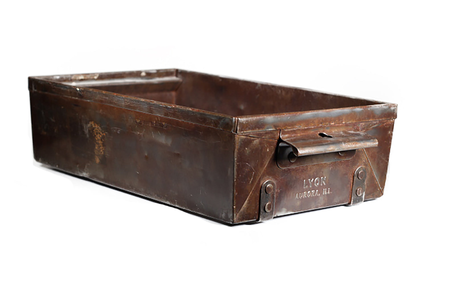 Antique top heavy industrial metal bin, with riveted handles, factory bin, storage bin, box