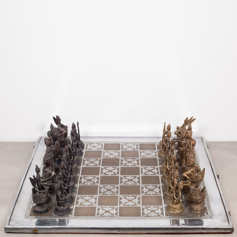 Mid-century Bronze and Brass Inlay Indian Chess Set c.1960