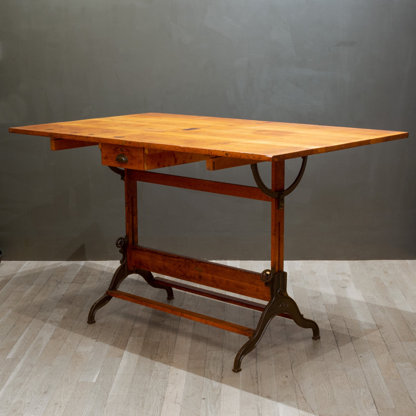 Large Antique Hamilton Wood and Cast Iron Drafting Table c.1930