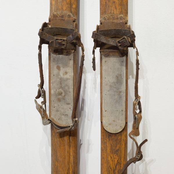 Antique Carved Wood and Leather Skiis c.1930