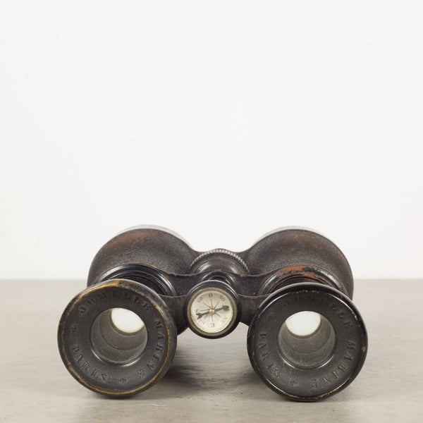 19th c. Leather Wrapped French Navy Binoculars with Compass c.1880