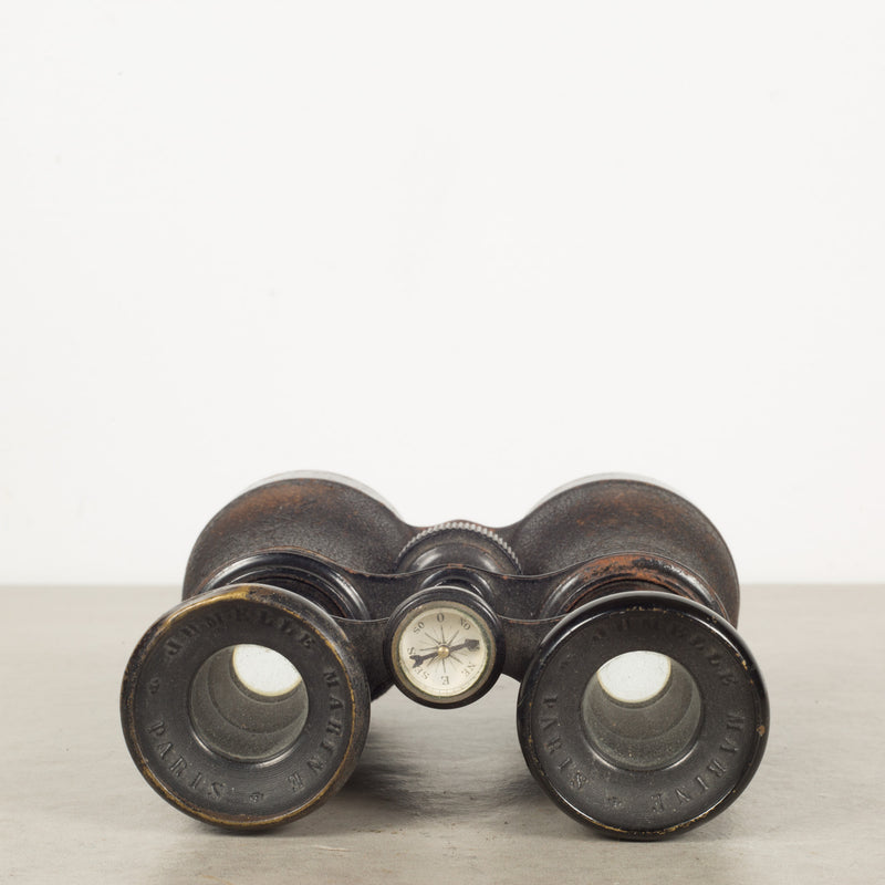 19th c. Leather Wrapped French Navy Binoculars with Compass c.1880