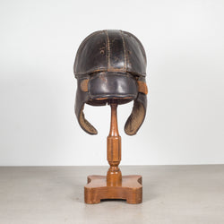 Antique Leather Football Helmet and Stand c.1900