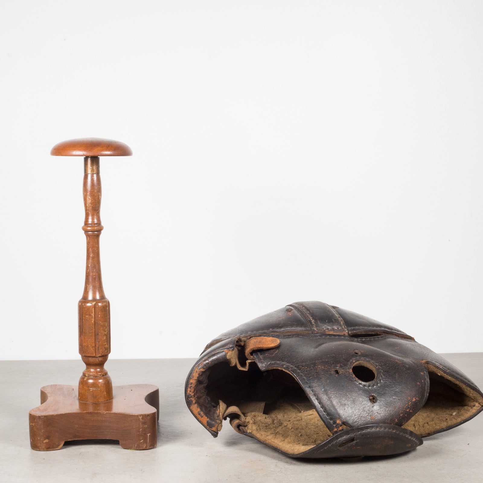Antique Leather Football Helmet and Stand c.1900 Antique Leather Football Helmet and Stand c.1900