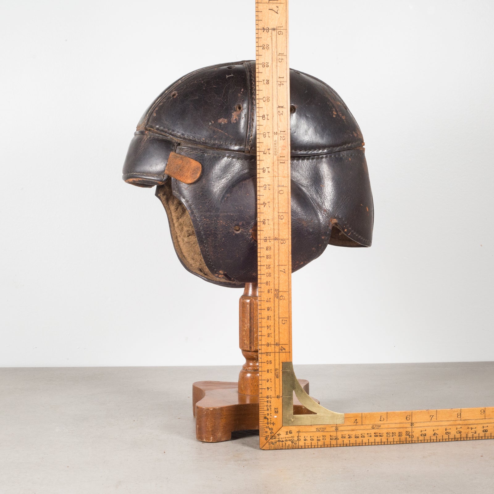 Antique Leather Football Helmet and Stand c.1900 Antique Leather Football Helmet and Stand c.1900
