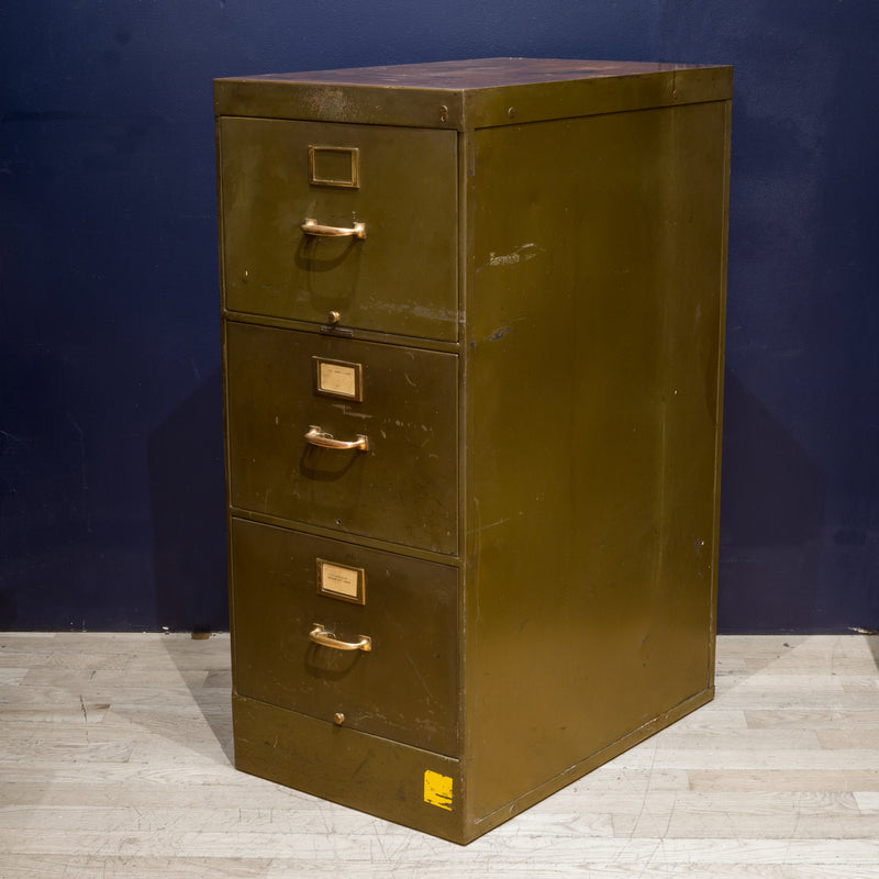 Library Bureau Sole Makers Army Green Steel and Brass File Cabinets c.1940