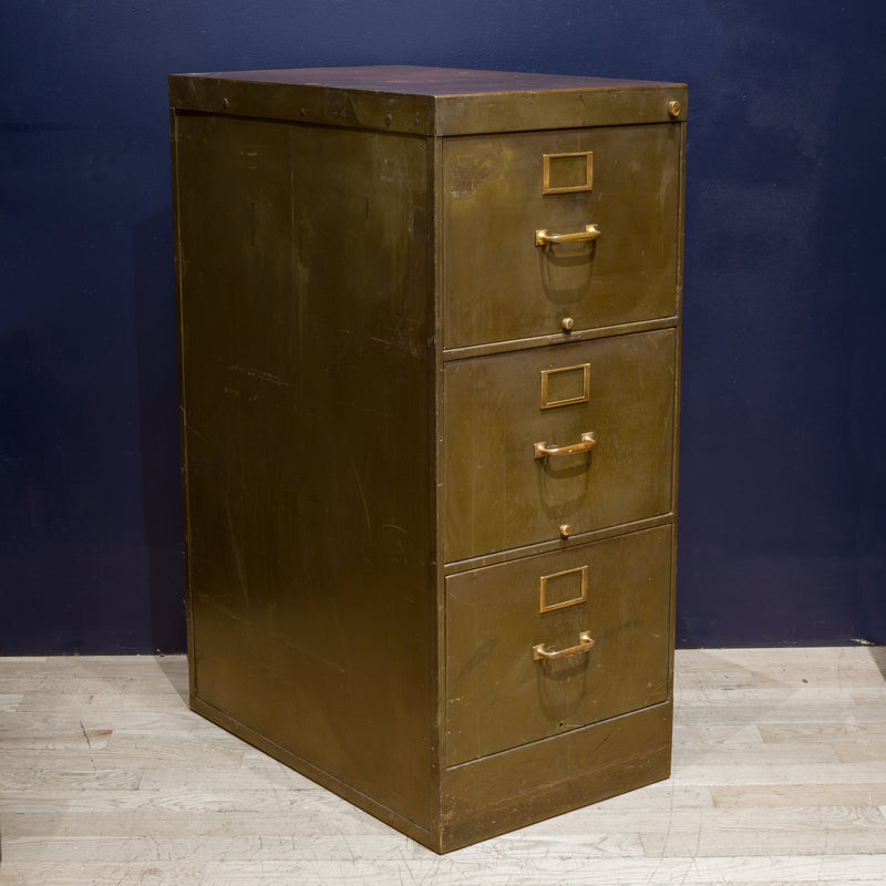 Library Bureau Sole Makers Army Green Steel and Brass File Cabinets c.1940