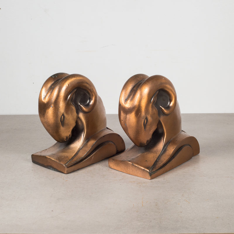 Art Deco Ram's Head Copper Plate Bookends by Cornell Foundry c.1930