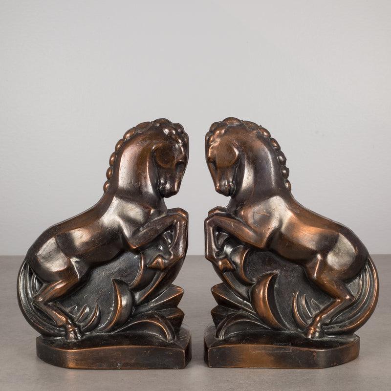 Art Deco Bronze-Plated Rearing Horse Bookends, c.1930