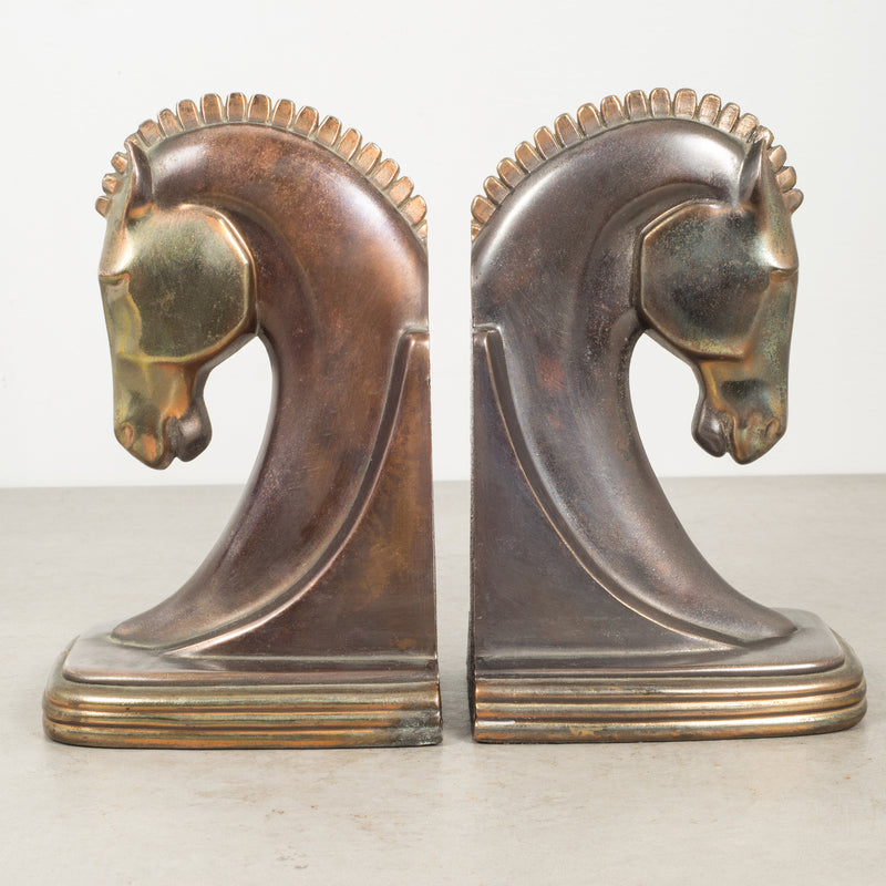 Bronze and Copper Plated Machine Age Trojan Horse Bookends by Dodge Inc. c.1930