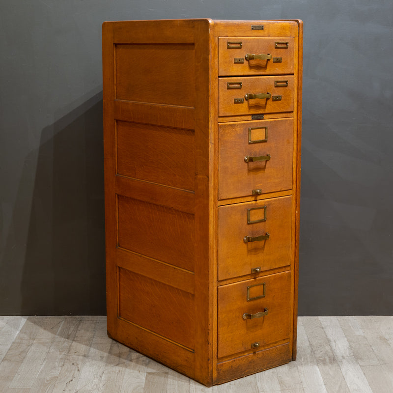Antique Five Drawer Oak and Brass File Cabinet c.1930