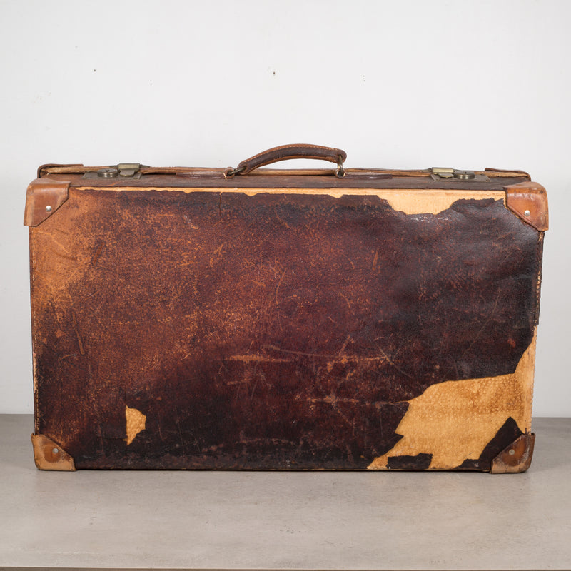 Distressed Leather Suitcase with Brass Locks c.1940