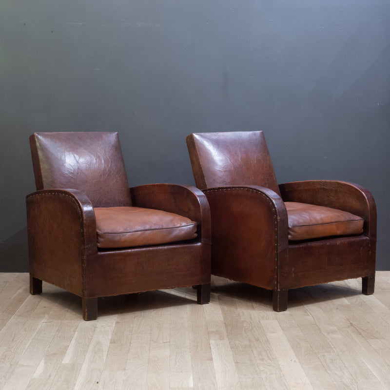 Pair of French Square Back Leather Club Chairs c.1940