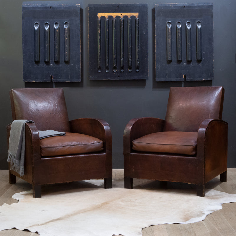 Pair of French Square Back Leather Club Chairs c.1940