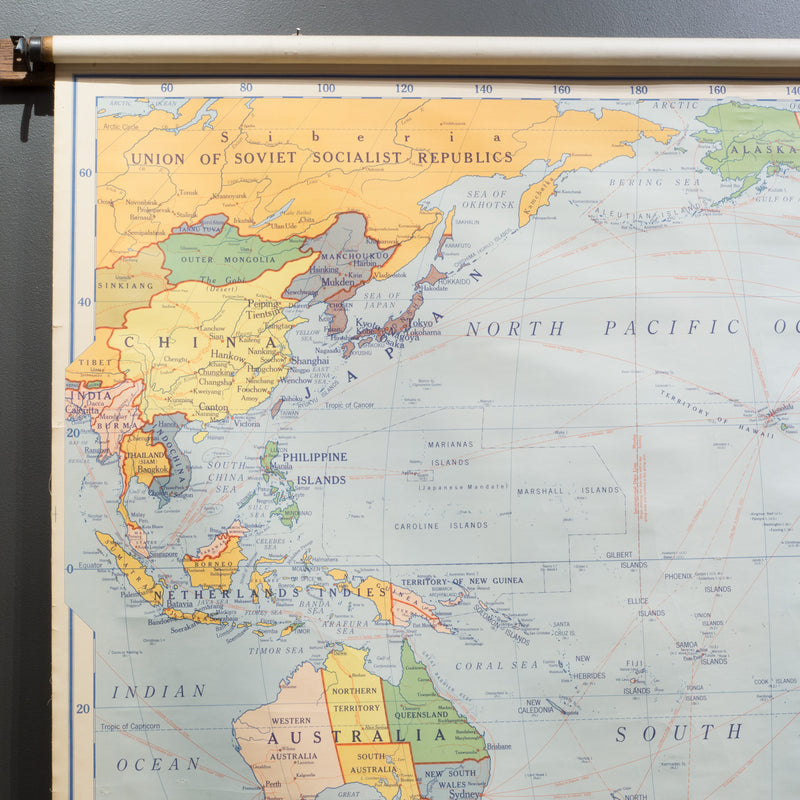Large Pacific Ocean Pull Down Classroom Map c.1943