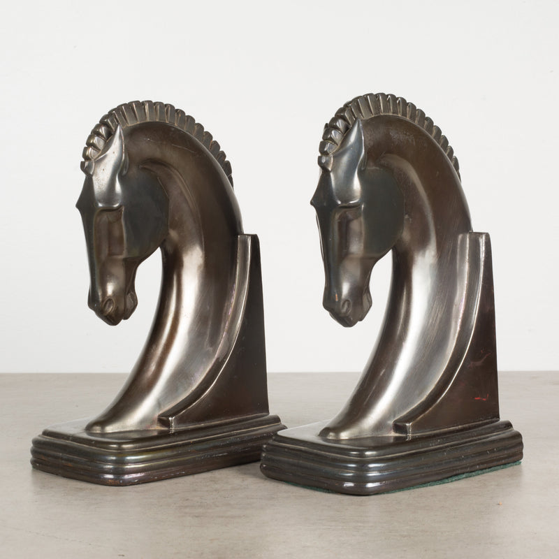 Art Deco Bronze and Copper Plated Machine Age Trojan Horse Bookends by Dodge Inc. c.1930