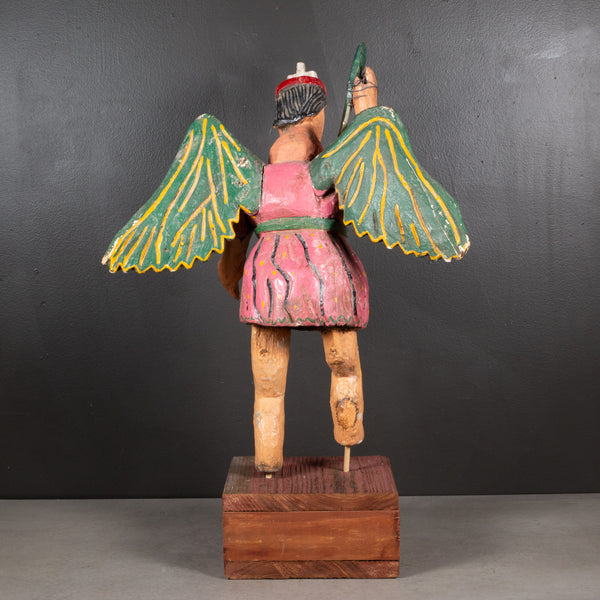Hand Carved Mexican Folk Art Archangel on Custom Stand c.1940-1970