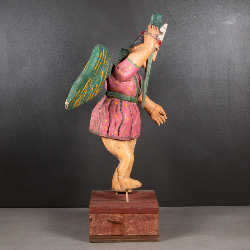 Hand Carved Mexican Folk Art Archangel on Custom Stand c.1940-1970