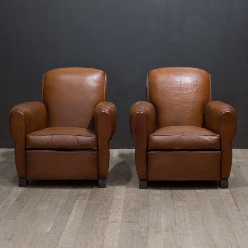 Pair of French Petite Rollback Sheep Hide Club Chairs c.1940