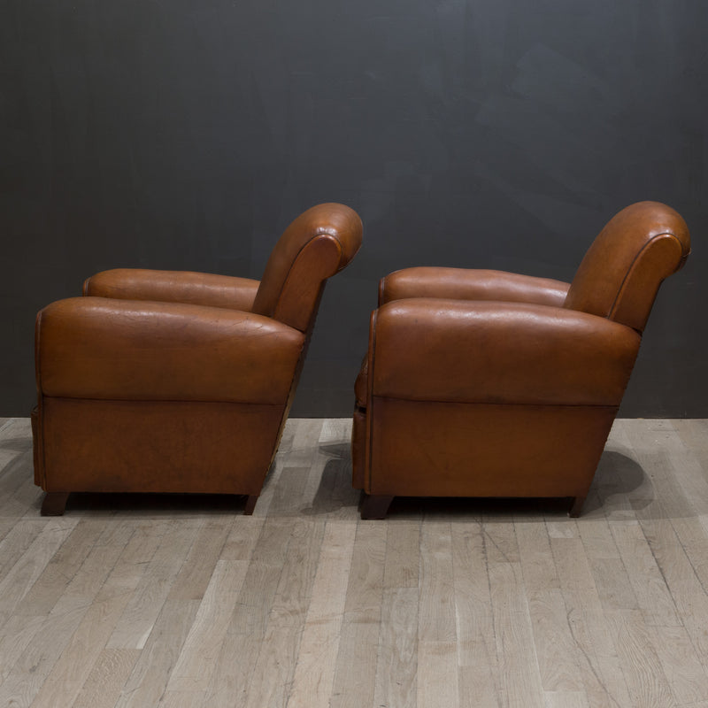 Pair of French Petite Rollback Sheep Hide Club Chairs c.1940