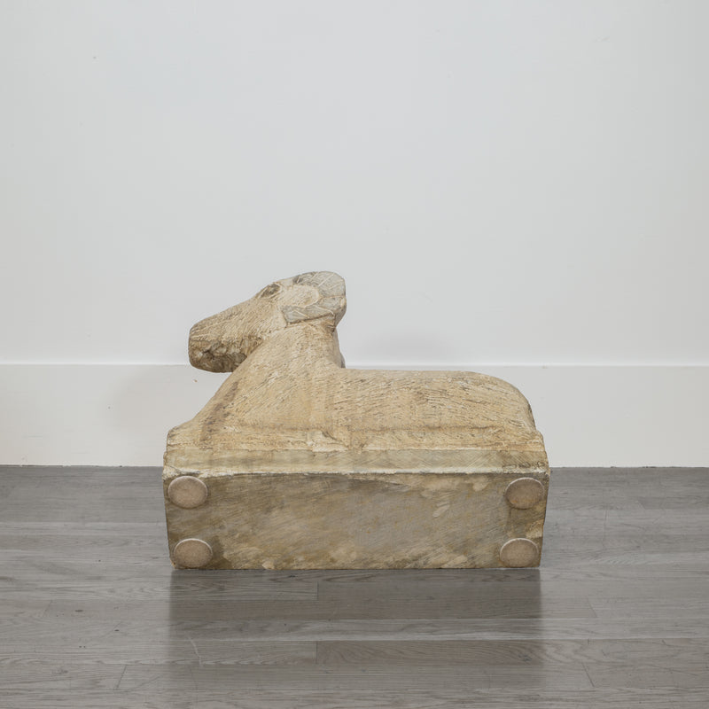 Pair of Art Deco Style Carved Sandstone Reclining Rams, 20th c.