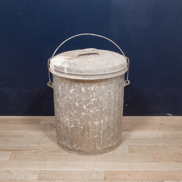 Antique Small Galvanized Steel Trash Can with Handle c.1940