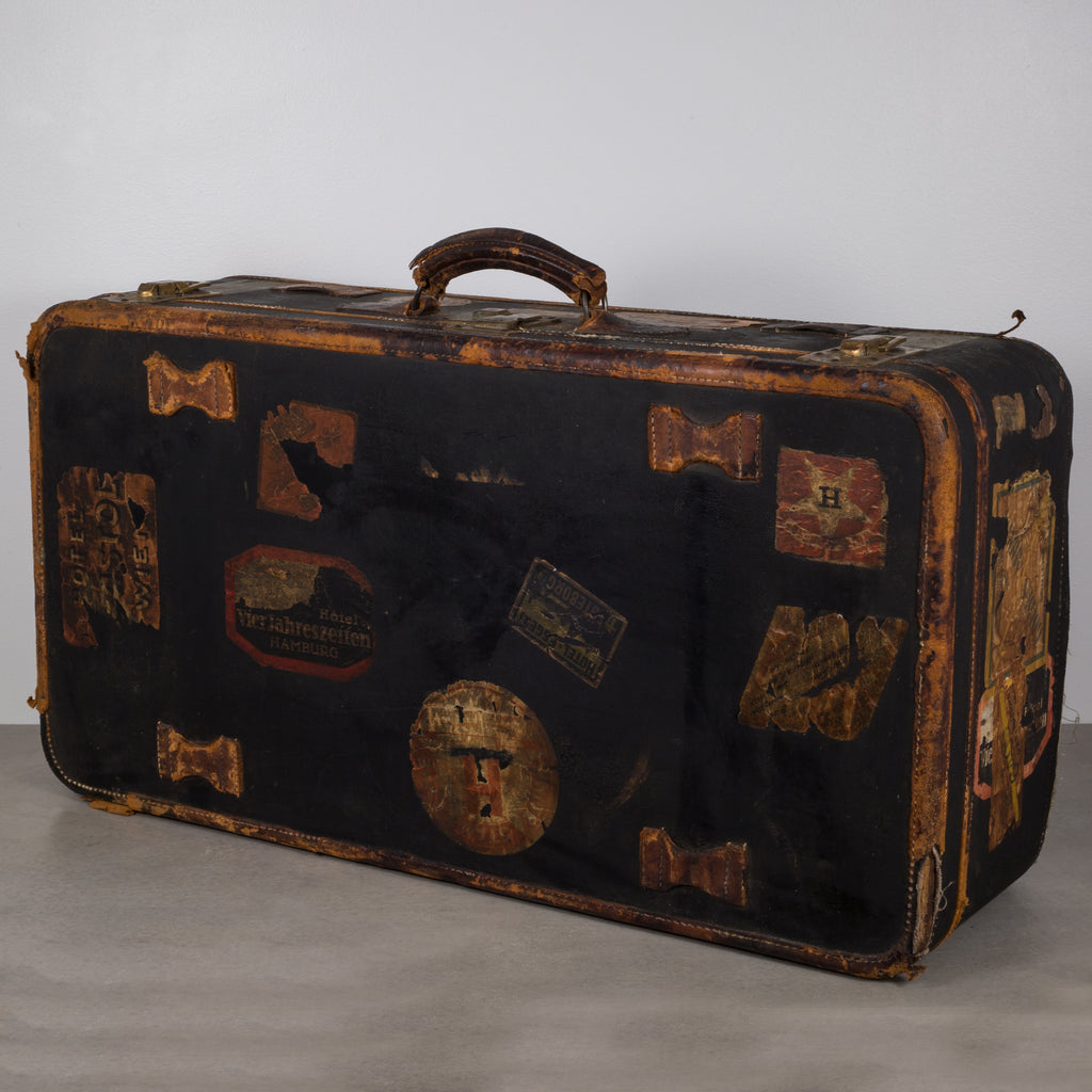 Vintage Suitcase Luggage blue canvas, leather trim, with travel stickers