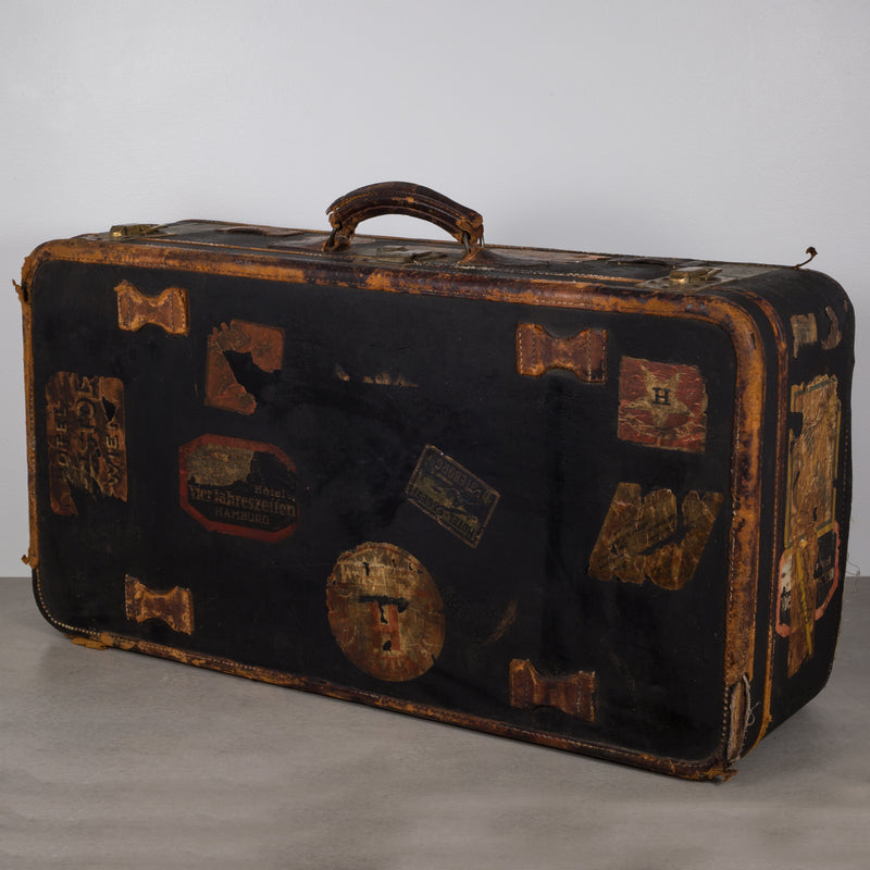 Antique Large Leather Suitcase Steamer Trunk Brown Luggage 