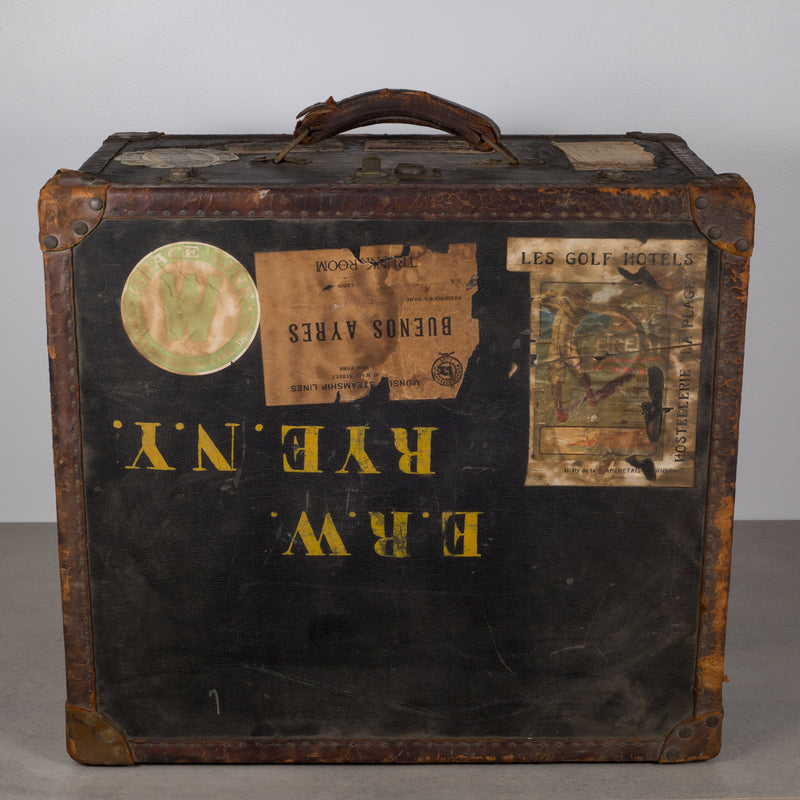 Antique Old England Leather and Brass Luggage with Original Travel Stickers c. 1900-1930