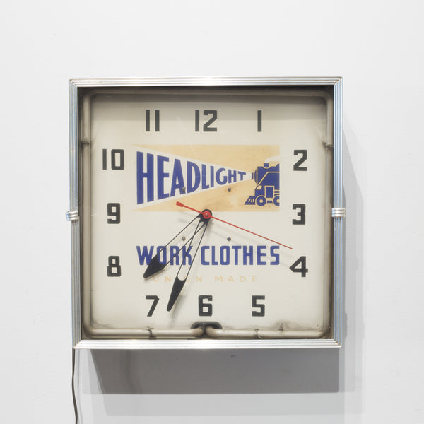 Headlight Work Clothes Union Made Neon Wall Clock c. 1949
