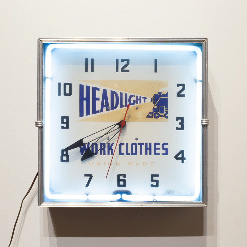 Headlight Work Clothes Union Made Neon Wall Clock c. 1949