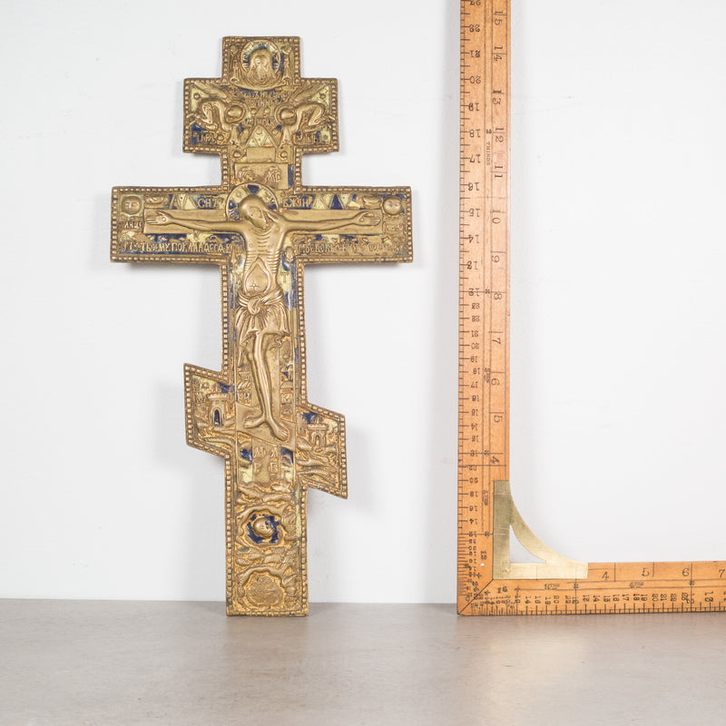 Russian Orthodox Crucifix of Enameled Bronze & Brass c.Late 19th